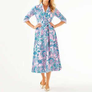 LILLY PULITZER Mira Stretch Shirtdress in Pink Tropics Tangerine Dream NWT SZ 10
